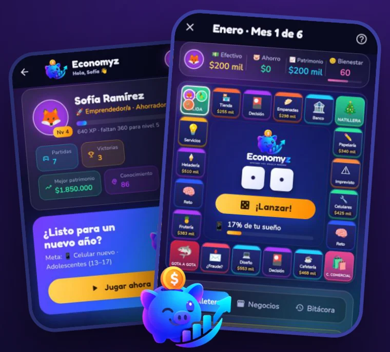 Pantallas de Economyz: perfil del estudiante y tablero del juego con negocios, ahorro y retos