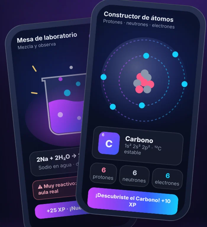 Pantallas de Quimizylab: mesa de laboratorio con una reacción y constructor de átomos con el carbono
