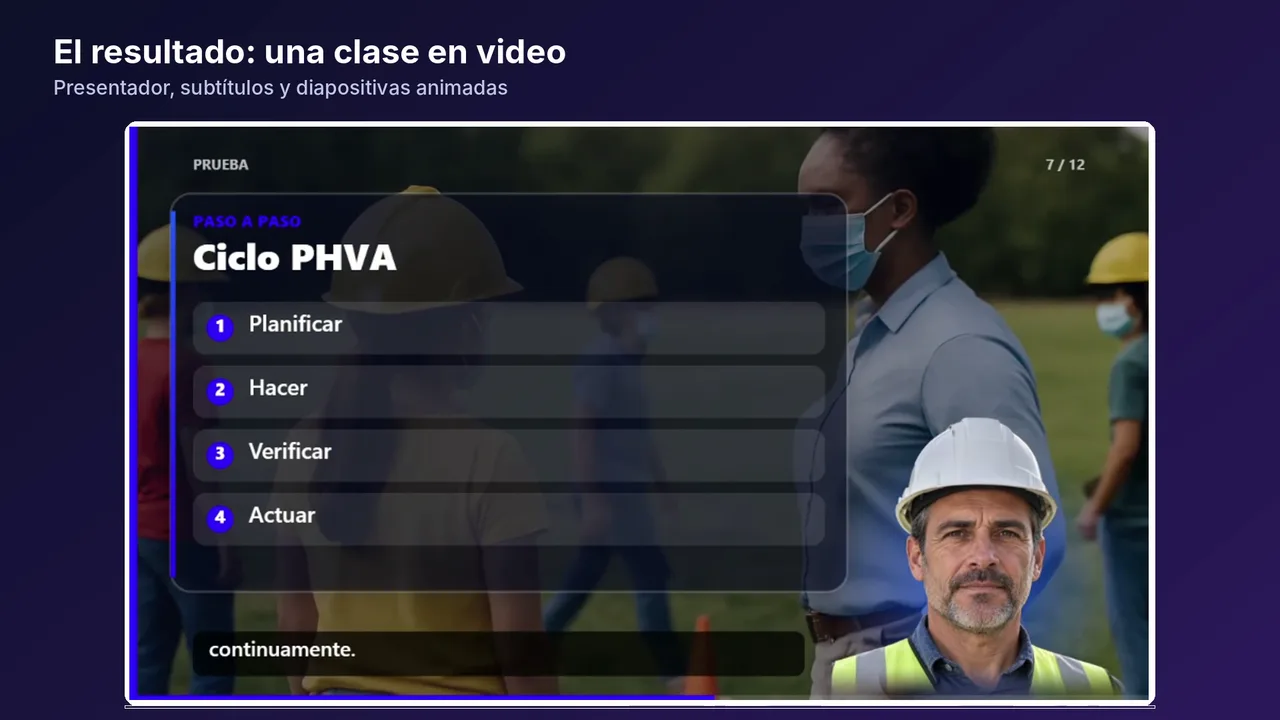 El resultado: una clase en video con presentador, subtítulos y diapositivas animadas.