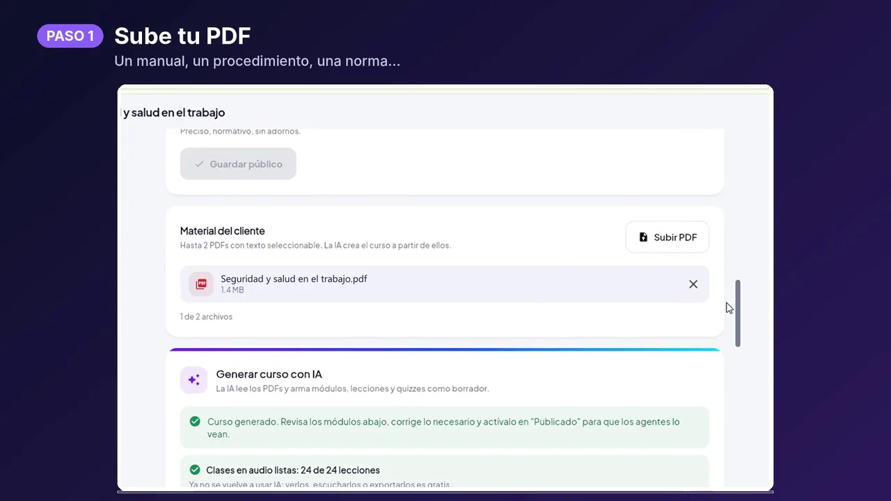 Paso 1. Subes el PDF y la IA genera el curso.