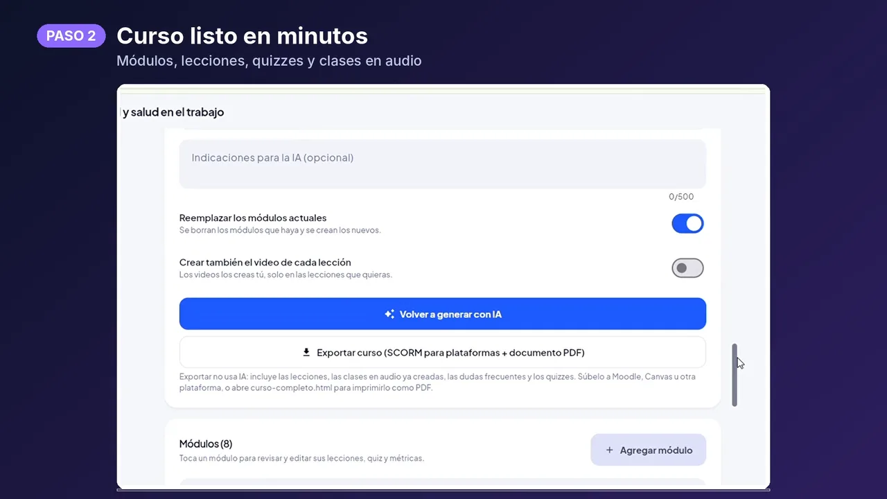 Paso 2. El curso queda listo en minutos y se puede exportar en SCORM.